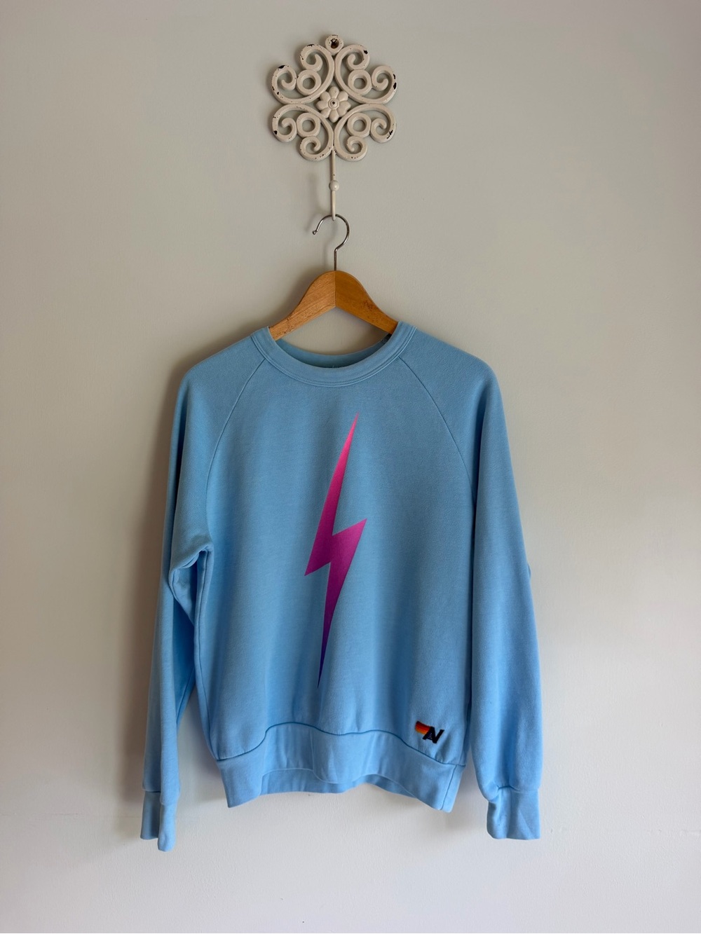 Aviator Nation Light Blue Crewneck with Pink Lightning Bolt. Women’s XS EUC